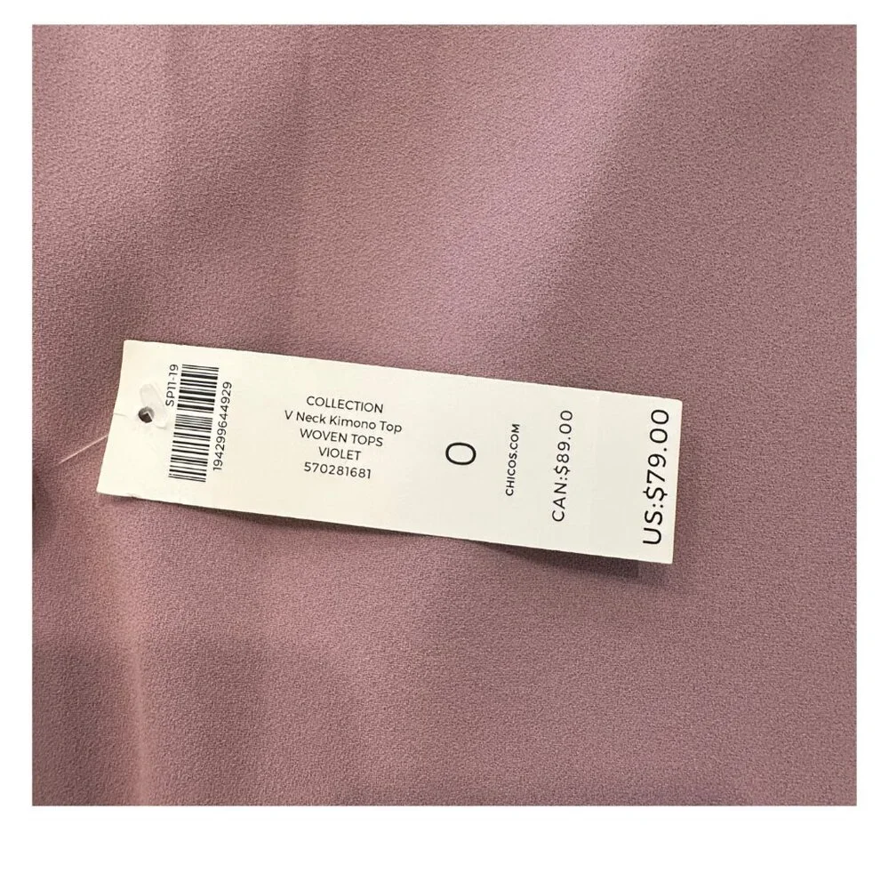 Chico’s V-Neck Kimono Top Size 0 Mauve / Dusty Rose New With Tags - Picture 3 of 6